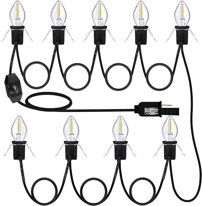 Meonum Christmas Village Lights Cord with Dimmer, C7 LED Lights with 2 Spare Fuse & 9 LED Bulb, Blow Mold Light Cord for Christmas Houses Villages, Holiday Craft Decorations, Night Light(Black)