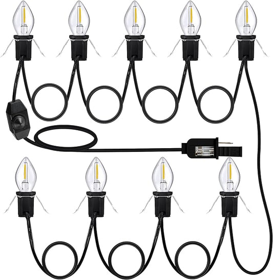 Meonum Christmas Village Lights Cord with Dimmer, C7 LED Lights with 2 Spare Fuse & 9 LED Bulb, Blow Mold Light Cord for Christmas Houses Villages, Holiday Craft Decorations, Night Light(Black)