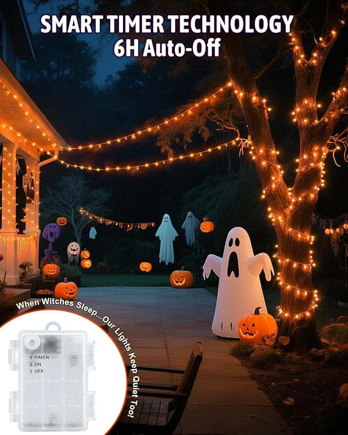 Halloween String Lights Battery Operated, Orange Lights for with Timer Waterproof 16.4ft 50 LED Halloween Decorations for Outdoor Indoor Patio Party Garden Yard Decor 2 Packs