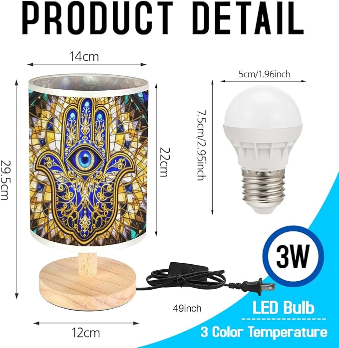 Hamsa Hand Table Lamp LED 3-Color Pressed Bedside, Hamsa Hand Shade Lamp with Wood Base for Bedroom Living Room Desk Office TL01