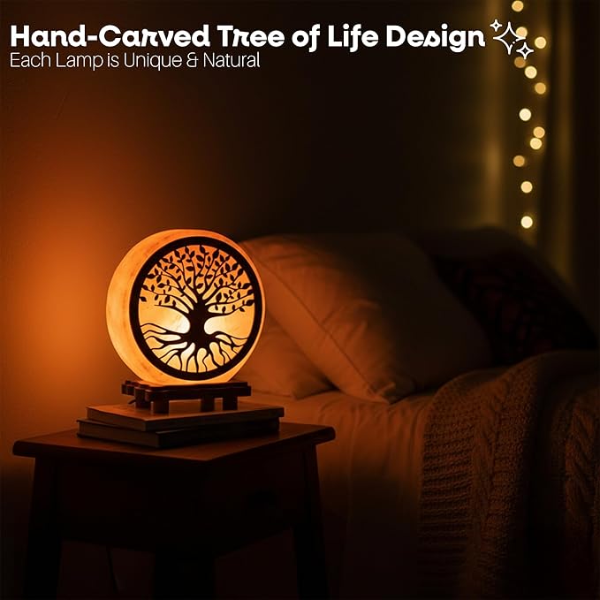 Himalayan Salt Lamp with Tree of Life Design – 4.5 Inch Hand-Carved, Wooden Base, for Home Décor, Meditation & Gifts