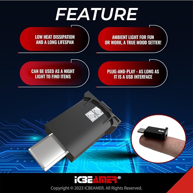 ICBEAMER Type C Adapters USB Atmosphere LED Light, [Color: Red] | Smart Interface Plug-in Miniature LED Night Light for Automotive Car, Trunk, Van, Pickup, Create Cozy Environment.