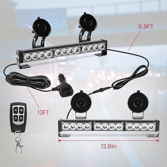 Red and Blue Emergency Police Lights For Vehicle LED Strobe Cop Light Bar For Directional Warning Vehicles Trucks 23 Flash Patterns 2pcs 12.8 inch Wireless Remote Control