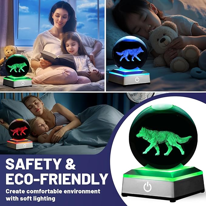 3D Crystal Ball Night Light with LED Colorful Touch Base - 3.15 Inch Wolf Figurine Glass Sphere Lamp for Birthday, Christmas, Home Decor Gift