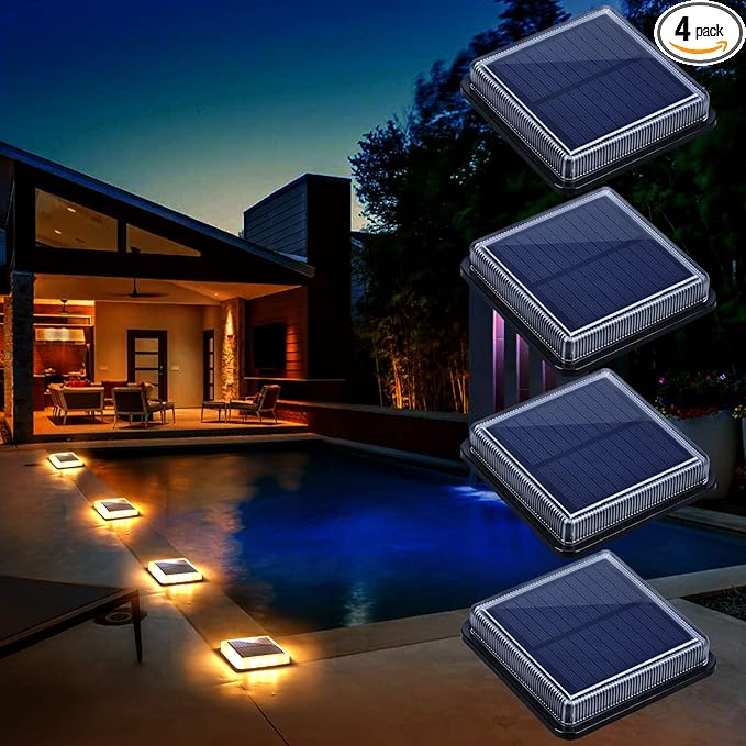 Solar Deck Lights, Driveway Walkway Dock Light Solar Powered Outdoor Stair Step Pathway LED Lamp for Backyard Patio Garden Ground, auto On/Off - Warm White - Square - 4 Pack