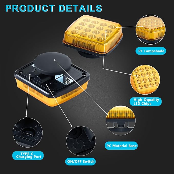 Wireless LED Road Flares for Emergency,Rechargeable Safety Flashing Lights for Vehicles,Portable Strobe Light Magnetic Emergency Strobe Light Kit for Trucks (Amber) (Amber)