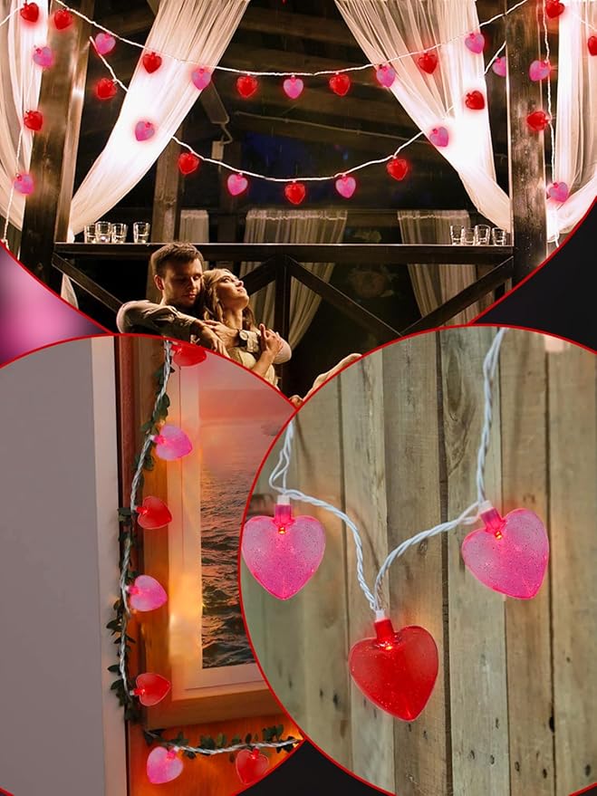 SUNSGNE Heart String Lights, 8.5Ft Valentines Lights with 10 LED Red and Pink Heart Bulbs for Indoor Outdoor Home Room Party Wedding Mother's Day Valentine's Decor