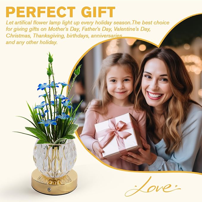Flower Table Lamp, Mini Lily Table Decor with 3 Colors Dimmable, Artificial Flowers Night Light, Rechargeable Glass Lamp Small Desk Lamp for Party Holiday Home Decoration (Blue - Lily)