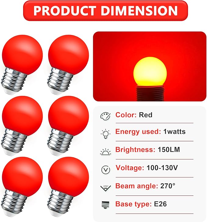 LED Red Light Bulb 15W Equivalent, 1W LED Colored Night Lights, G45 Christmas Globe Light Bulbs, Mini Edison E26 Base Bulb for Vanity Bulbs, Porch, Holiday String Fairy Mood Lights Decor, 6 Pack