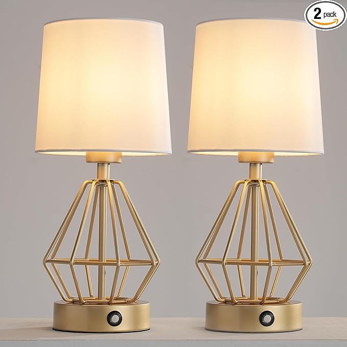 Gold Cordless Lamp Set of 2,Touch Stepless Dimming,8000mAh Rechargeable Battery Table Lamp,Gold Cage Frame Wireless Lamp,White Lampshade,14.7inches Tall