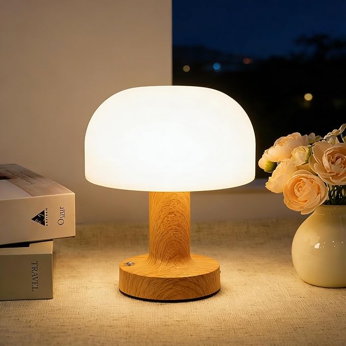 Small Mushroom Table Lamp, Cordless Night Light with 2600mAh Rechargeable Battery, Stepless Dimming Desk Lamp with 3 Colors for Bedroom/Patio/Living Room (Wooden-1)