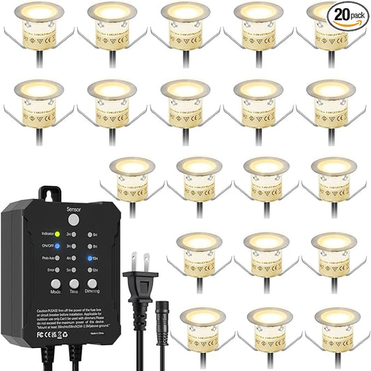 20 Pack Dimmable Recessed Deck Stair Lighting All-in-one with Timer Photocell Sensor Transformer Low Voltage LED Step Riser Lights IP67 Waterproof φ1.26 12V Warm White Patio Kit Decorations
