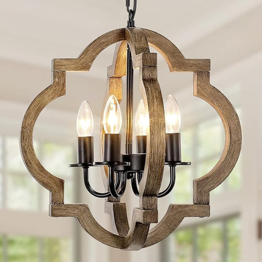 Farmhouse Orb Chandelier, 4-Light Rustic Wood Chandelier for Dining Room, 15.74'' Pendant Light for Kitchen Island Hallway Foyer Entryway Bedroom