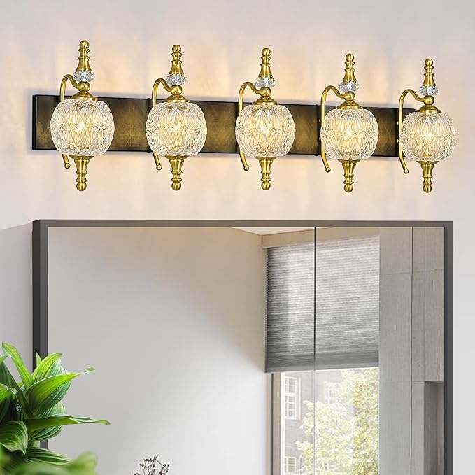 Modern Crystal Bathroom Vanity Lights Fixtures Over Mirror Black Gold Vintage 5-Lights 36 Inch Bathroom Light Fixtures Glass Crystal Vanity Lights