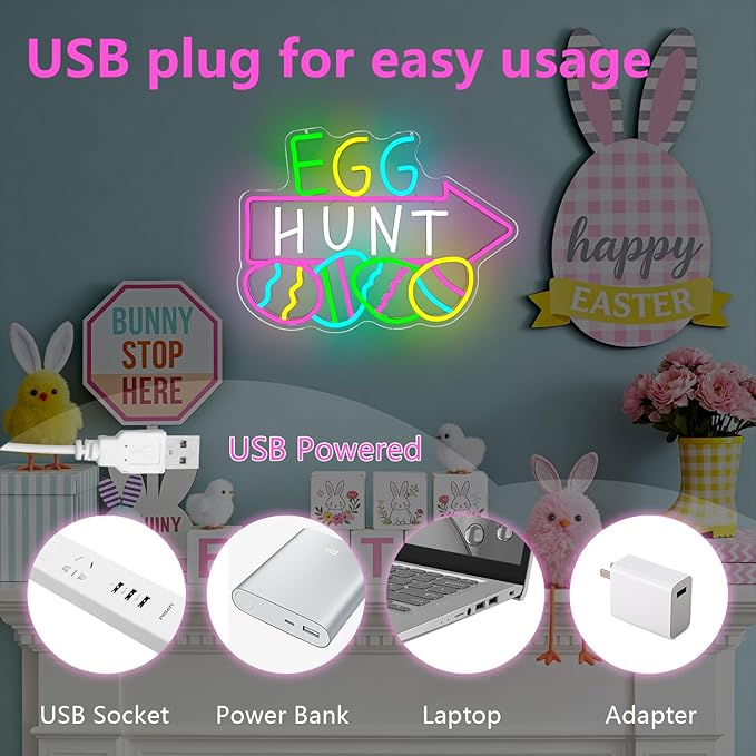 Easter Neon Sign for Wall Decor Easter Egg Hunt Led Sign Easter Decorations Dimmable Eggs Neon Light Up Signs for Egg Hunt Game Backdrop Window Party Gifts Bedroom Holiday Spring Bar Home