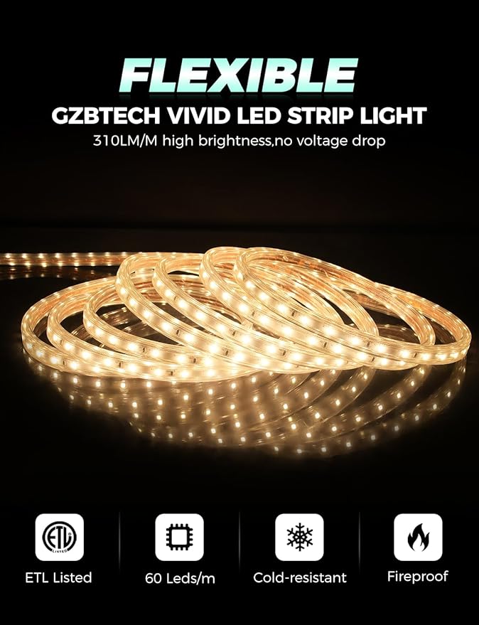 GZBtech AC 110-120V LED Strip Lighting 50FT/15M, 2800K Warm White IP65 Waterproof Outdoor Strip Lights, 60LEDs/M SMD2835 Cuttable & Connectable LED Rope Light for Indoor Outside Exterior, ETL Listed