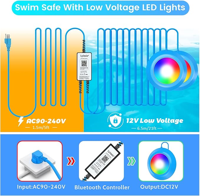 LyLmLe LED Pool Lights 50W Double Lights for Giant Pools, 12V APP Control Underwater Light with Magnet & Timer, 2000lm, IP68 Waterproof Submersible Light for Aboveground and Inground Pools