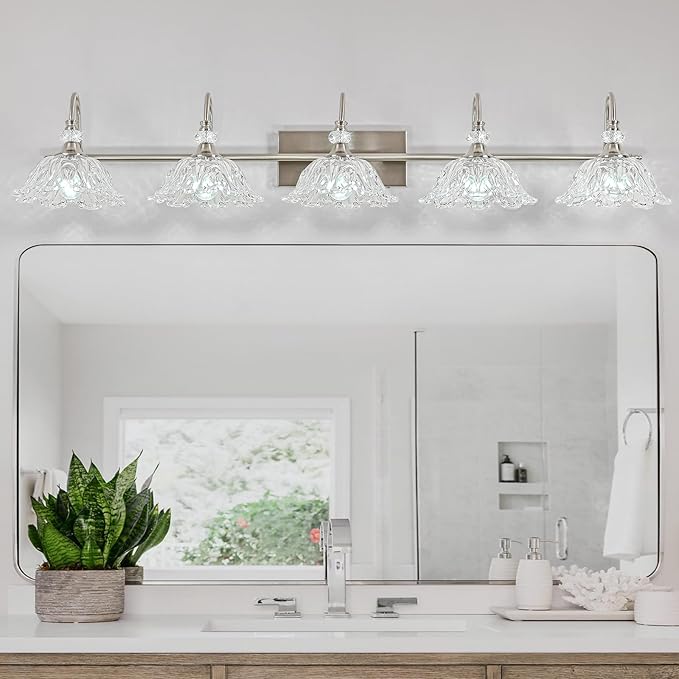 Brushed Nickel 5-Light Bathroom Vanity Light with Floral Clear Glass Shades, Brushed Nickel Wall Mount Lighting for Bathroom, Dressing Table