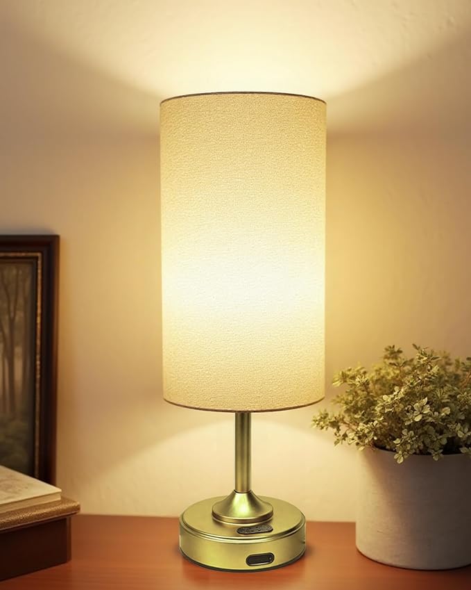 Battery Lamp, Dimmable, Ambient Light, 2700K, Timer, Touch Control, Portable, LED, Battery Operated, Rechargeable, Wireless, Cordless, Desk Lamp, Kitchen Lamp, Fabric Shade, for Bedroom, Living Room