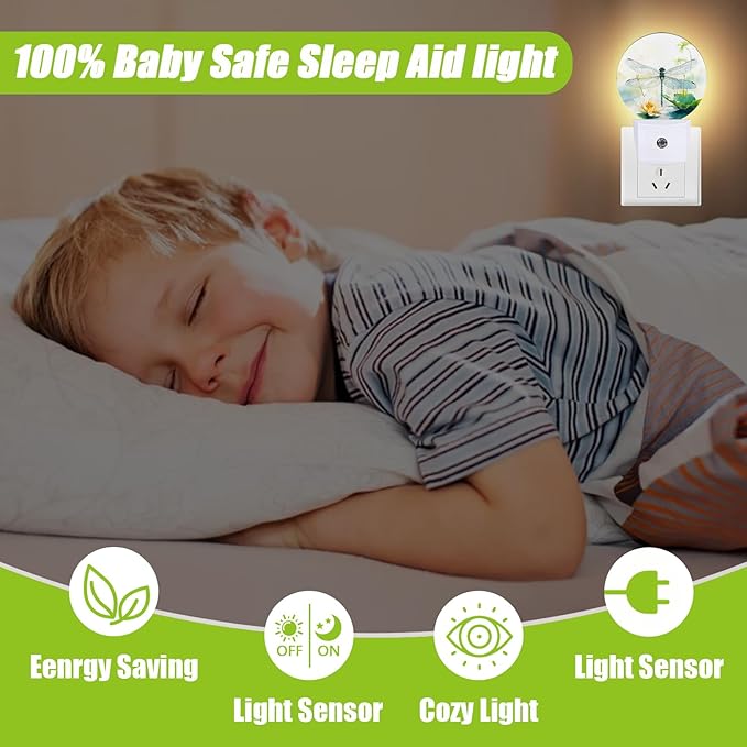 Dragonfly Watercolor Night Light,Plug-in Night Lights with Dusk-to-Dawn Sensor for Bedroom Bathroom and Living Room Sleep Friendly lamp
