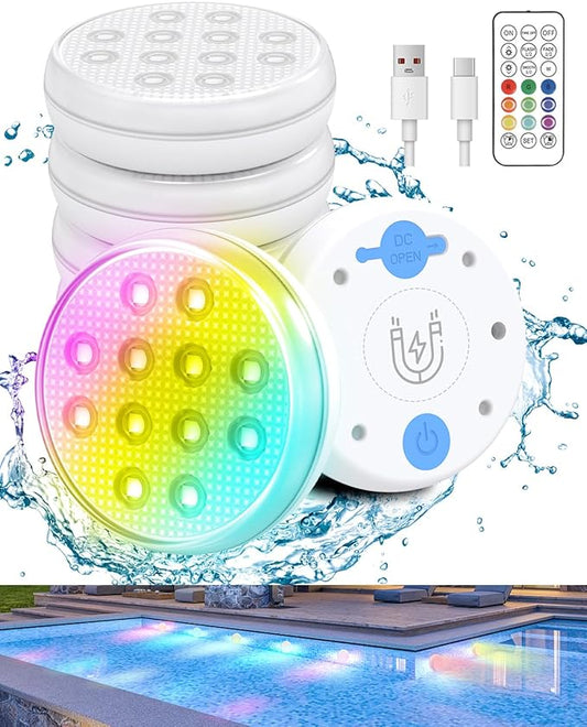 Pool Lights, Rechargeable Submersible LED Lights with Remote, IP68 Waterproof 16 Color Changing Floating Lights, Built-in Magnet Underwater Lights for Fountain, Pond, Aquarium