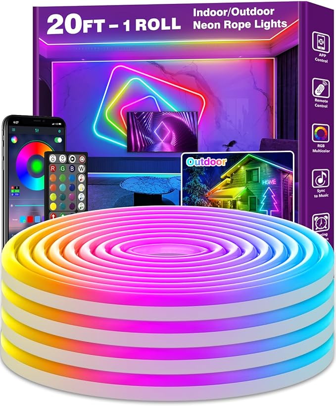 AILBTON 20FT Led Neon Rope Lights Control with App/Remote,Flexible Led Rope Light,Multiple Modes,IP65 Outdoor RGB Lights Waterproof,Music Sync Gaming Led Neon Strip Light for Bedroom Decor