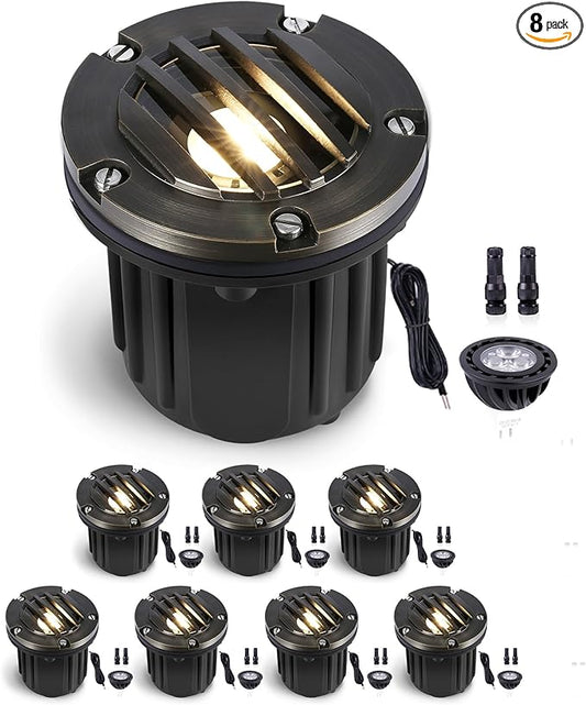 Gardenreet Low Voltage Brass Well Lights - LED 12V In-Ground Replaceable Bulb Weatherproof Fixture, Hardwired Fixture, Antique Bronze for House Wall Tree with 2700K Warm White MR16 Bulb