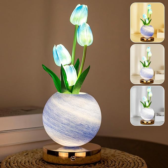 Tulip Table Lamp, Rechargeable Cordless Touch Dimming Artificial Tulip Flower Desk Lamp, LED Flower Bedside Night Light Romantic Gifts for Girl Women Mom (Blue)
