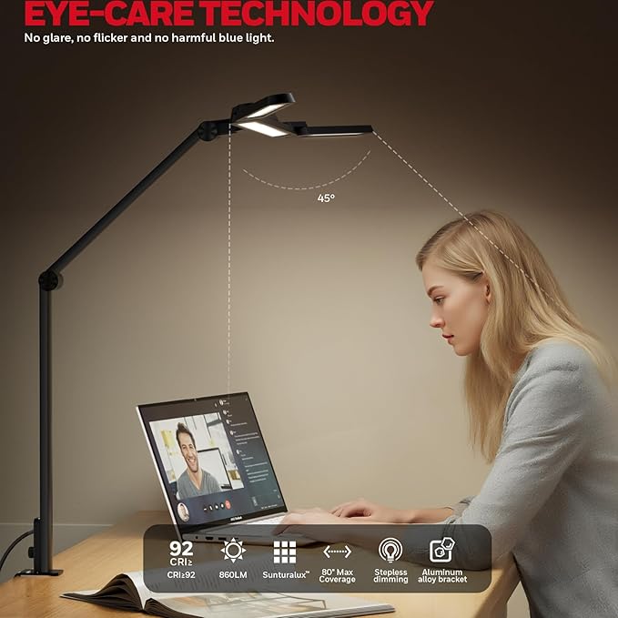 Honeywell Wide Desk Lamp with Clamp for Dual Monitors,22W Full-Spectrum Eye-Caring LED Light Bar for Home Office, 3-Section Adjustable Design with Stepless Dimming