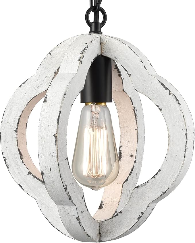 SAMTEEN Farmhouse Wooden Pendant Light Distressed White Wood Chandelier Lighting Modern Wooden Pendant Light Fixtures for Kitchen Island Dining Room Bedroom