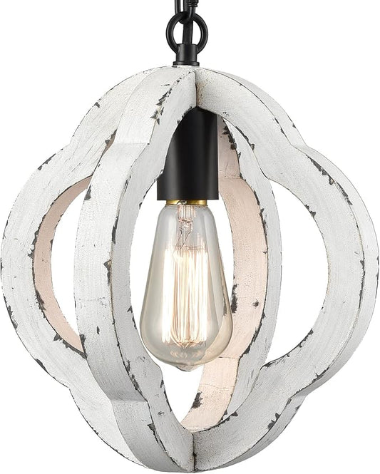 SAMTEEN Farmhouse Wooden Pendant Light Distressed White Wood Chandelier Lighting Modern Wooden Pendant Light Fixtures for Kitchen Island Dining Room Bedroom