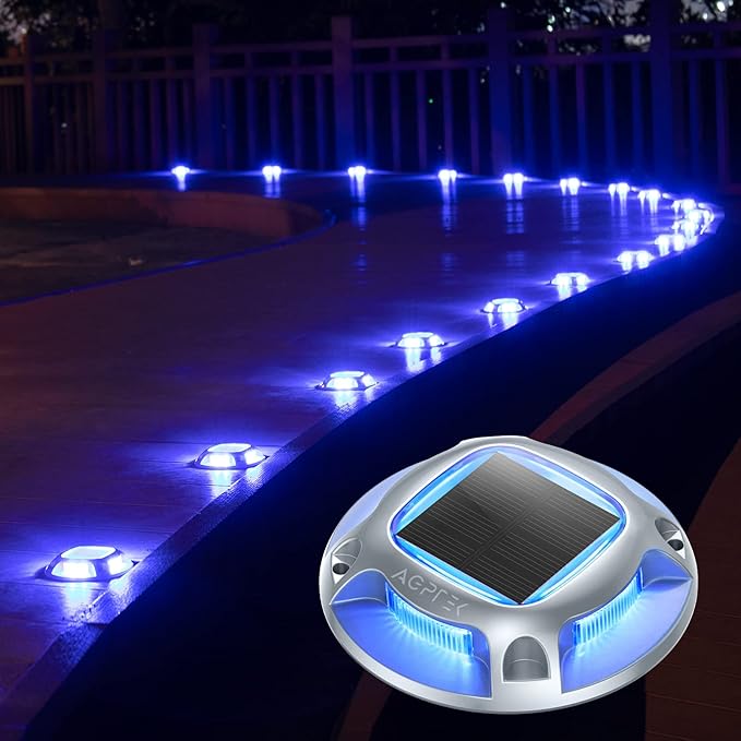 AGPTEK Solar Driveway Lights Outdoor 8 Pack, 2 Color Modes LED Deck Dock Marine Waterproof Security Marker Lights for Step Sidewalk Stair Garden Pathway Walkway Yard(Blue Light/Cool White)
