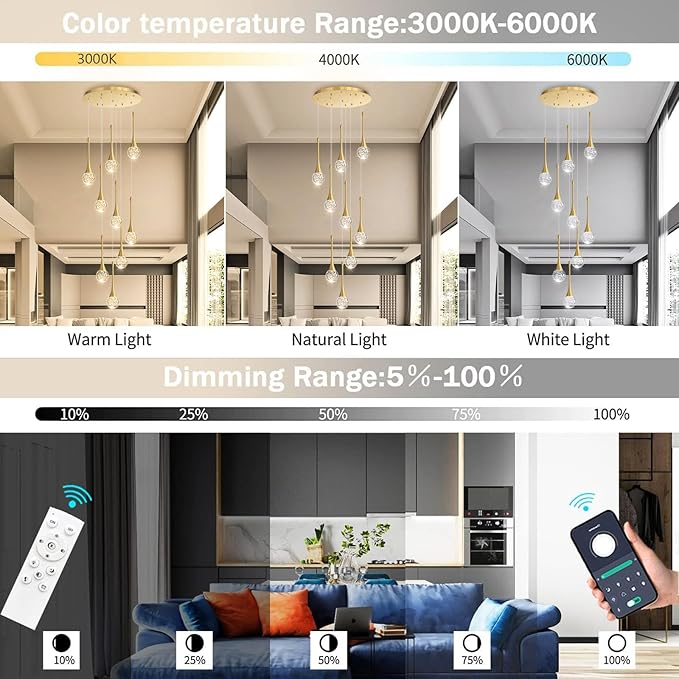 9 Light Modern Glam Crystal Chandelier for High Ceiling LED Dimmable Ceiling Pendant Light Staircase Foyer Enterway Living Room Chandelier Lighting Antique Silver