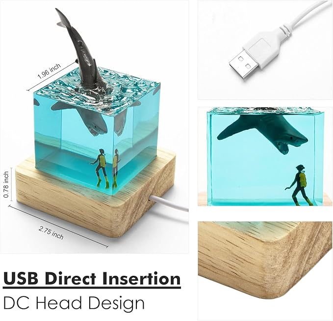 Deep Sea Diving Night Light Shark and Diver Ocean Lights Unique Handmade Decorative Bedroom Table Lamp with USB Stand Ornament, Best Gift for Family Or Friends (Diver&Shark)
