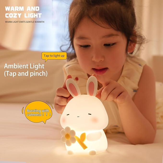 Led Cute Flower Bunny Night Light, Dimmable Timer Kawaii Lamps, Super Squishy Silicone USB Rechargeable Touch Control Night Lamp, Used for Camping Party Room Decor (Bunny with Flower)