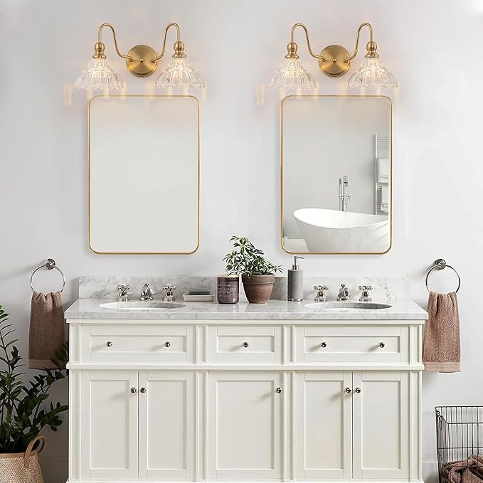 Vintage Bathroom Light Fixtures Over Mirror, 2-Light Brass Wall Sconce Lighting with Flower Glass Shade, Farmhouse Vanity Lights for Bedroom Kitchen Living Room Hallway Light