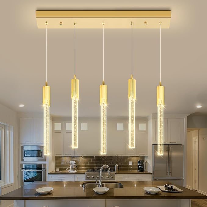 Flashing God 5-Lights Rectangular Pendant Lights for Kitchen Island Gold Linear Crystal Chandelier Modern Chandeliers for Kitchen Island Dining Room