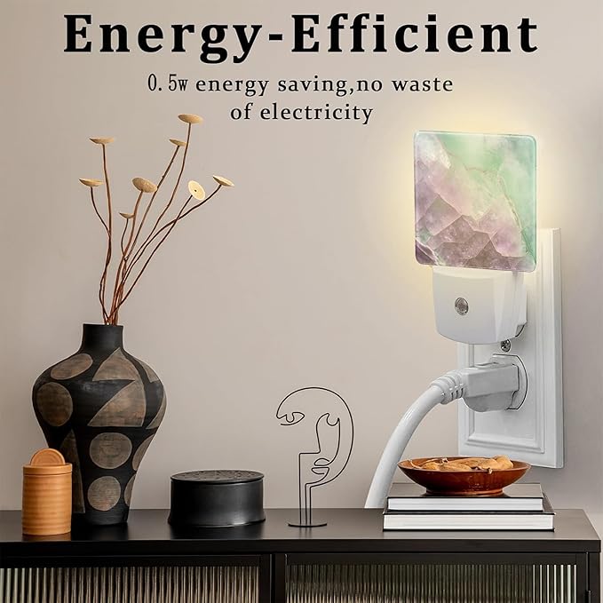 Purple Green Fluorite Marble Night Light, Luxury Rock Gemstone Dusk to Dawn Night Light Plug in, 0.5w Energy Saving Sleep Friendly NightLight for Kids Boys Girls Home Decor