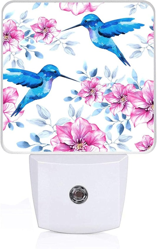 Vintage Blue Hummingbirds Night Light, Plug-into Wall Pink Spring Flower Nightlight Lamp with Dusk to Dawn Sensor, Led Lamp 0.5W Energy Efficient for Boys Girls Adults Home Decor