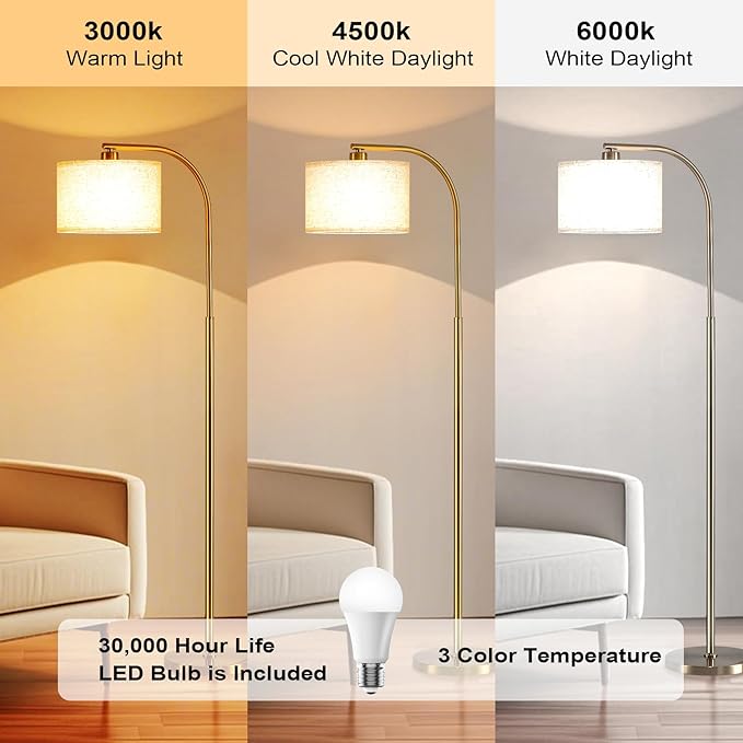 Gold Floor Lamp for Living Room,65'' Modern Standing Lamps with LED Bulb,Elegant Floor Light with Fabric Shade,Tall Lamp for Bedroom Office Study Room Corner Dining Room（Remote not Include）