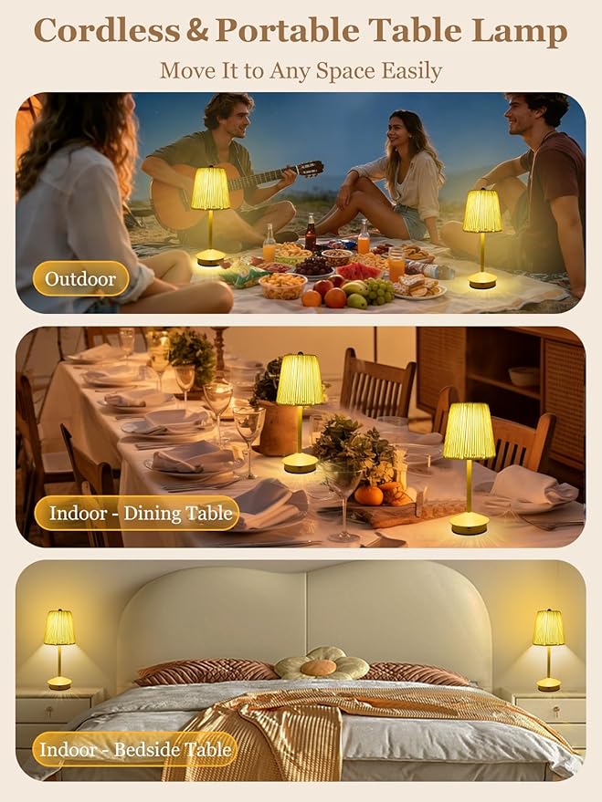 Boho Rattan Table Lamp, Cordless Wicker Woven Vintage Table Lamp - LED Rechargeable Touch Control 3 Color Dimmable Reading Bedside Lamp for Bedroom Living Room Office, Home Outdoor Decor (White-3)