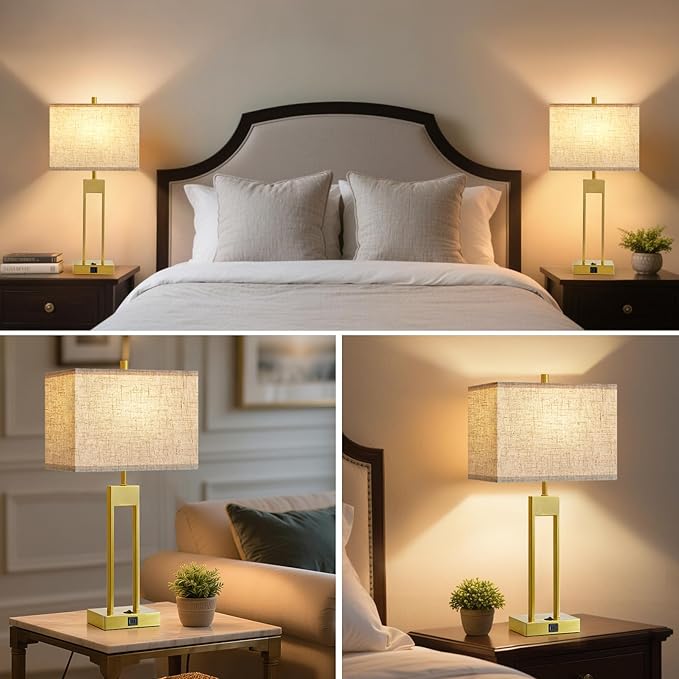 GyroVu 25.5" Nightstand Table Lamps for Bedrooms Set of 2, Bedside Lamp with USB C+A, 3 Colors Changeable Living Room Lamp, Modern Night Stand Lamps for Bed Side Guest Room Reading, Gold+White Shade