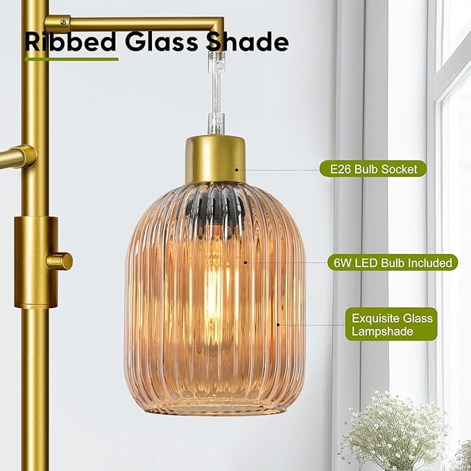 Modern Floor Lamp for Living Room, Dimmable Glass Standing Lamp Vintage Retro 3 Lights Tall Floor Lamps with Amber Lamp Shade Mid Century Tree Lamp, 3×6W Bulbs Included