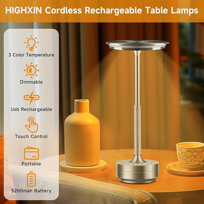 Cordless Rechargeable Table Lamps, Portable Led Ecolume Dining Table Light with Touch Control & 3 Color Dimmable, 5200mAh Battery Powered Vueeze Table Lamp for Outdoor Patio Dinner Restaurant (Silver)