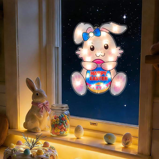 17" 20LED Lighted Bunny Easter Decor, Soft Warm Glow for Window, 120V Plug-in, UL Certified, Pretty Gift Box Packed