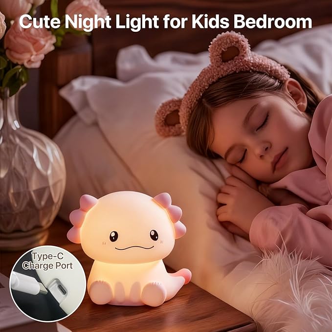 Cute Axolotl Night Light for Kids Rechargeable, Battery Operated Nightlight 3 Level Dimmable with RGB&Timer, Silicone Touch Nursery Lamp for Baby Girls Boys Bedroom Gifts