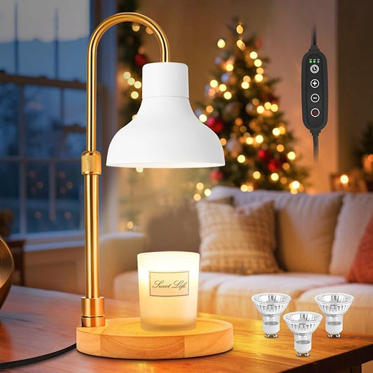 Candle Warmer Lamp with Timer & 3 Bulbs, Dimmable Electric CandleLight Adjustable Height and Brightness Candle Wax Warmer for Jar Candles Bedroom Home Decor House Warming Gift for Women (White)