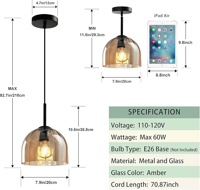 Modern Amber Glass Pendant Lights, Nordic Boho Dome Chandelier, 7.86" Bell Lamp Shape Hanging Ceiling Lighting Fixtures Kitchen Island Dining Room Table, Vintage Lampshade