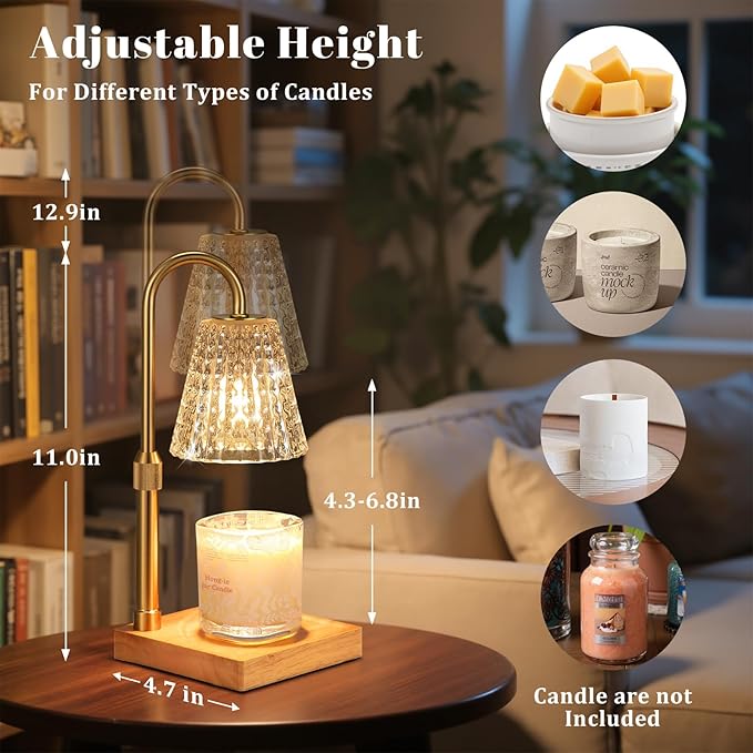 Hong-in Crystal Adjustable Height Candle Warmer Lamp with Timer Dimmer,Birthday Gifts for Women Mom,House Warming Gifts New Home Room Decor,Vintage Wax Warmer for Scented Wax Jar Candles