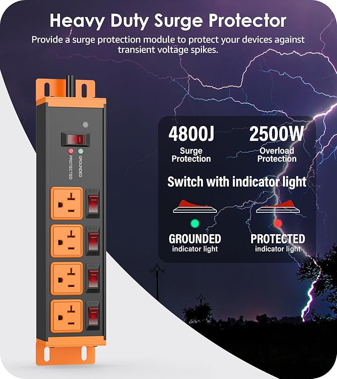 CCCEI Heavy Duty Surge Protector Power Strip 20 Amp Individual Switches. 20FT 12 Gauge Extension Cord with Multiple Outlets. Kitchen, Garage, Shop, Industrial Wall Mount Electric Extender, Orange.